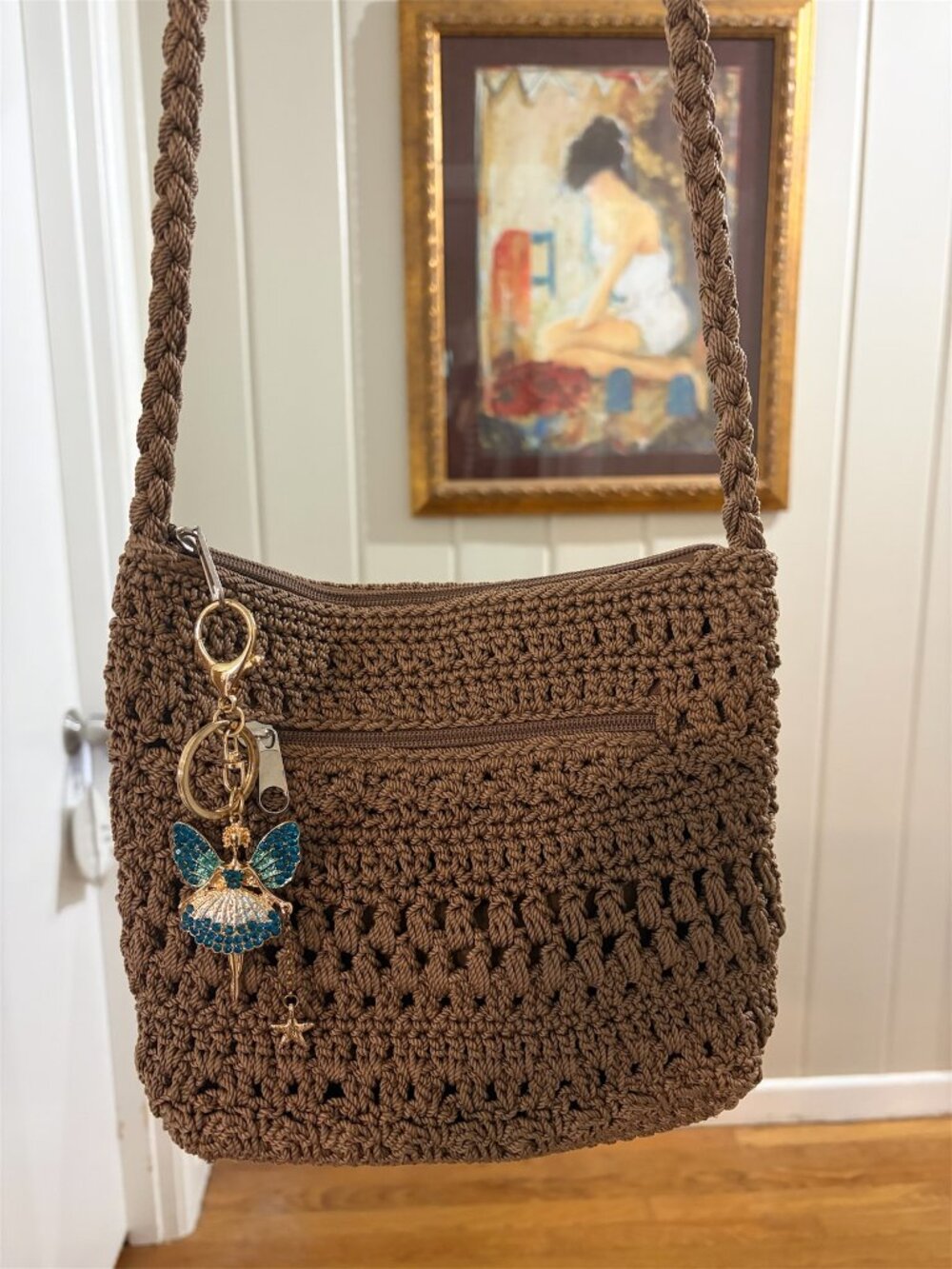 LINA CROCHET SUMMER BAG IN TAN WITH BLUE FAIRY BAG CHARM - LIKE NEW